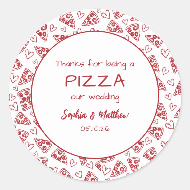 Adesivo Redondo Pizza De Casamento Após Festa Vermelha, Desenhada  (Frente)