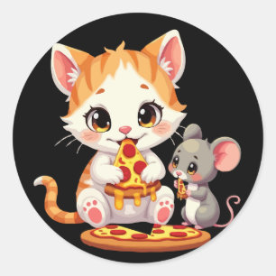 Adesivo Redondo pizza engraçada comendo pizza de gato comendo rato