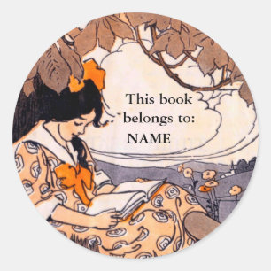 Adesivo Redondo Placa de livro da leitura da menina do vintage