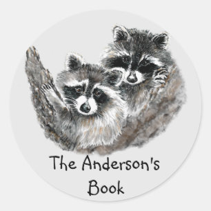 Adesivo Redondo Placa de livros da família Raccoon para personaliz