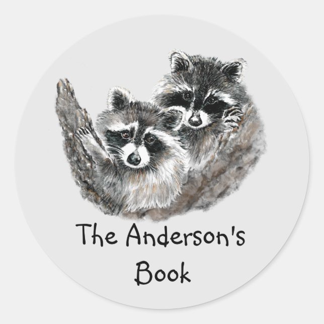 Adesivo Redondo Placa de livros da família Raccoon para personaliz (Frente)