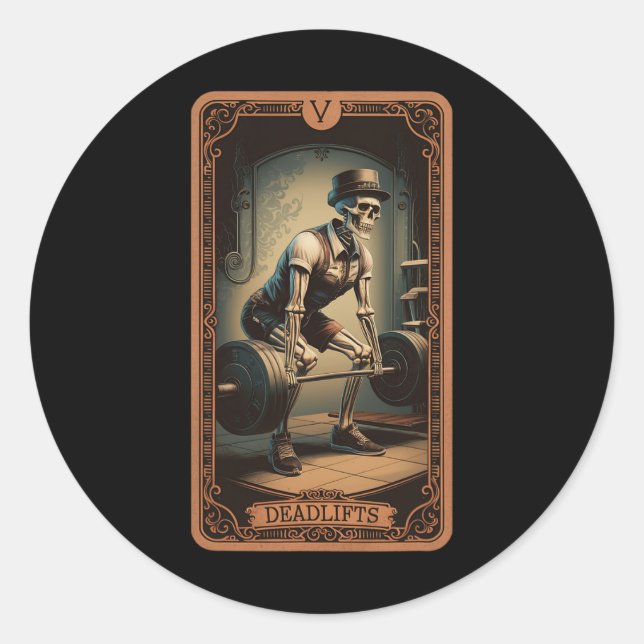 Adesivo Redondo Placa Tarot Skeleton Deadlifts Potência (Frente)