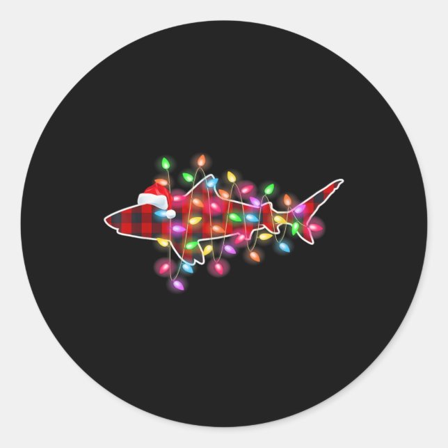 Adesivo Redondo Plaid Buffalo Shark Christmas Pajamas Xmas Lights  (Frente)