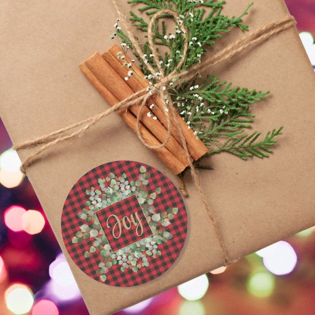 Adesivo Redondo Plaid de Búfalo Eucalipto Nome Personalizado Mensa (Criador carregado)