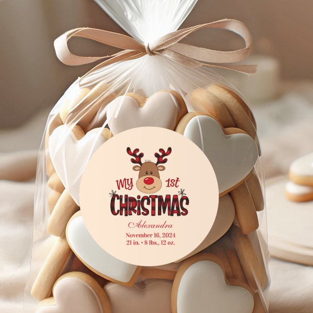 Adesivo Redondo Plaid Reindeer Baby First Christmas (Criador carregado)