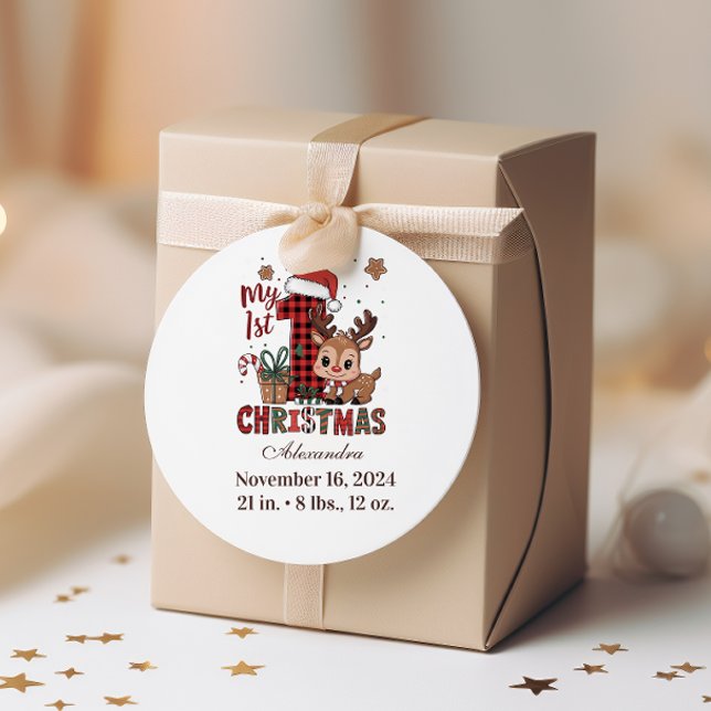 Adesivo Redondo Plaid Reindeer First Christmas (Criador carregado)
