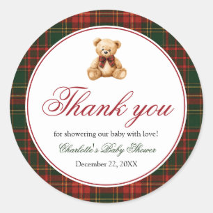 Adesivo Redondo Plaid Vermelho de Natal Urso de Pelúcia de Inverno