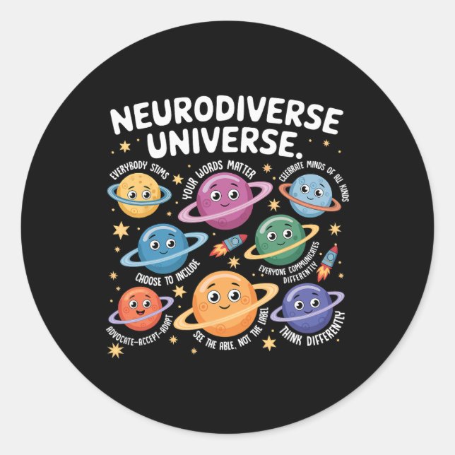 Adesivo Redondo Planetas de Inclusão do Autismo Universo Neurodive (Frente)