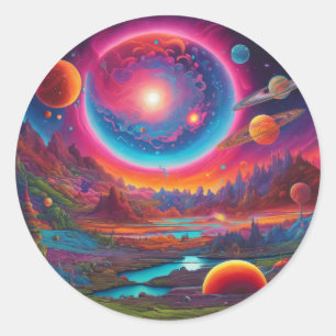 Adesivo Redondo planetas selvagens arte psicodélica
