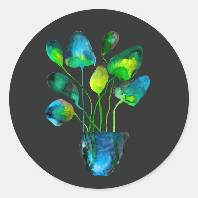 Adesivo Redondo Plantas aquáticas de arte verde e abstrato azul (Frente)