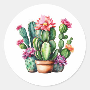 Adesivo Redondo Plantas De Sucultura Por Aquarelas, Cactus De Bloq