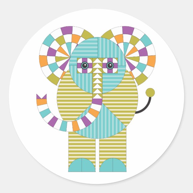 Adesivo Redondo Playful Modern Elephant Quilt Patterno (Frente)