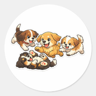 Adesivo Redondo Playful Puppies Sticker – Cute Cartoon Dog Design