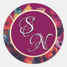 Adesivo Redondo Plum Wildflower Buquê Monogramas Initials Sticker