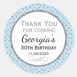 Adesivo Redondo Pó Azul Prata Aniversário Obrigado Marca Favorável