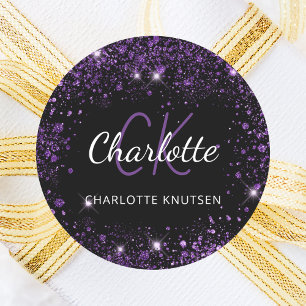 Adesivo Redondo Poeira de brilho roxo preto monograma iniciais nom