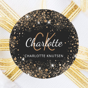 Adesivo Redondo Poeira glitter dourada preta iniciais monograma no