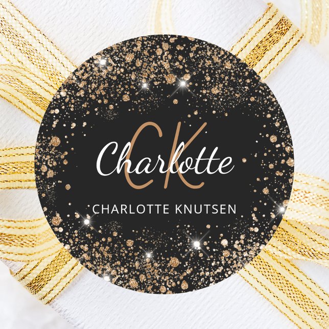 Adesivo Redondo Poeira glitter ouro preto iniciais nome monograma (Criador carregado)