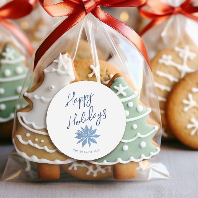 Adesivo Redondo Poinsétia Azul Minimal Feliz Natal e Férias (Criador carregado)