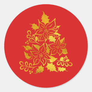 Adesivo Redondo Poinsétias de Natal em Árvore de Natal com Folha d