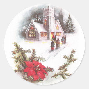 Adesivo Redondo Poinsétias e natal vintage da igreja do país