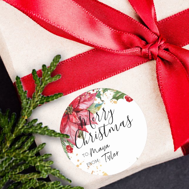 Adesivo Redondo Poinsettia de aquarela natalina de e para (Christmas Watercolor Poinsettia TO and FROM Classic Round Sticker)
