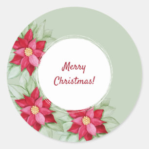 Adesivo Redondo Poinsettia de Natal Aquarela Pintada à Mão