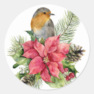 Adesivo Redondo Poinsettia de Natal com Bird