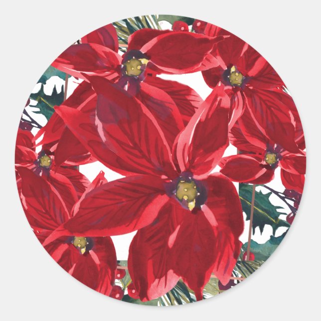 Adesivo Redondo Poinsettia de Natal no Pine Sticker (Frente)