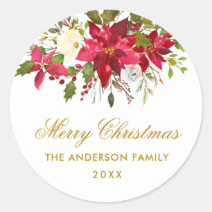 Adesivo Redondo Poinsettia Envelope Dourado Floral de Natal
