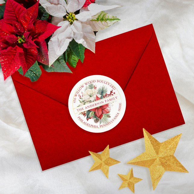 Adesivo Redondo Poinsettia Floral Buquê Endereço (Send your holiday correspondence in elegant style with this poinsettia floral return address seal.)