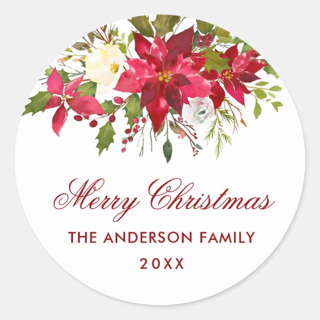 Adesivo Redondo Poinsettia Floral de Envelope Vermelho de Natal (Frente)