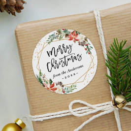 Adesivo Redondo Poinsettia Floral Geométrica Feliz Script de Natal