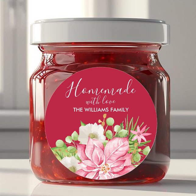 Adesivo Redondo Poinsettia Homemade Com Refrigeração De Natal (Poinsettia Homemade With Love Christmas Baking 3" Round Stickers)