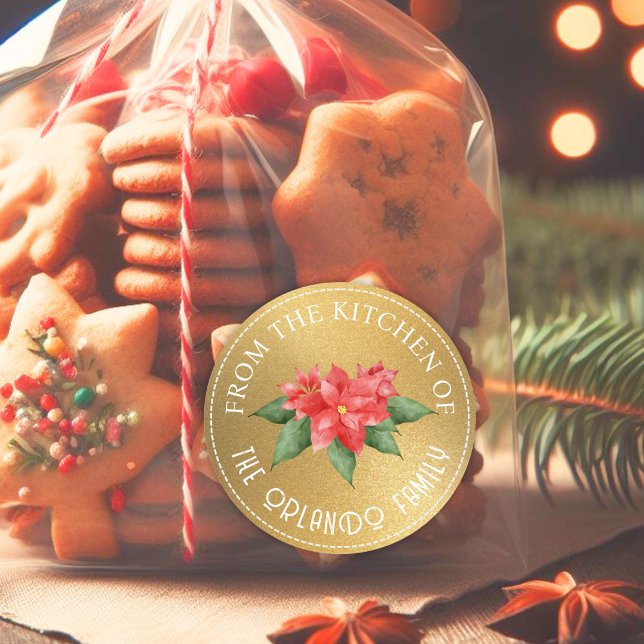 Adesivo Redondo Poinsettia Vermelha Da Cozinha Dourado Natal (Criador carregado)