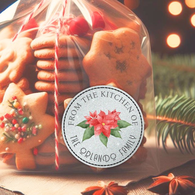 Adesivo Redondo Poinsettia Vermelha Da Glitter De Natal Da Cozinha (Criador carregado)