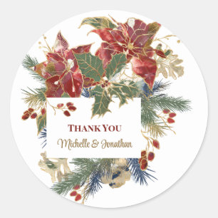 Adesivo Redondo Poinsettia Vermelha Natal Personalizado Obrigado