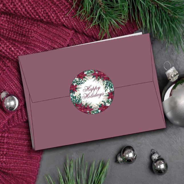 Adesivo Redondo Poinsettia Wreath Burgundy Envelope Feriado Seal (Criador carregado)