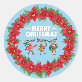 Adesivo Redondo Poinsettia Wreath Dancing Reindeer Feliz Natal