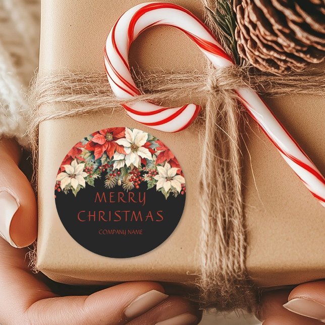 Adesivo Redondo Poinsettias Feliz Natal (Poinsettias Merry Christmas Classic Round Sticker)