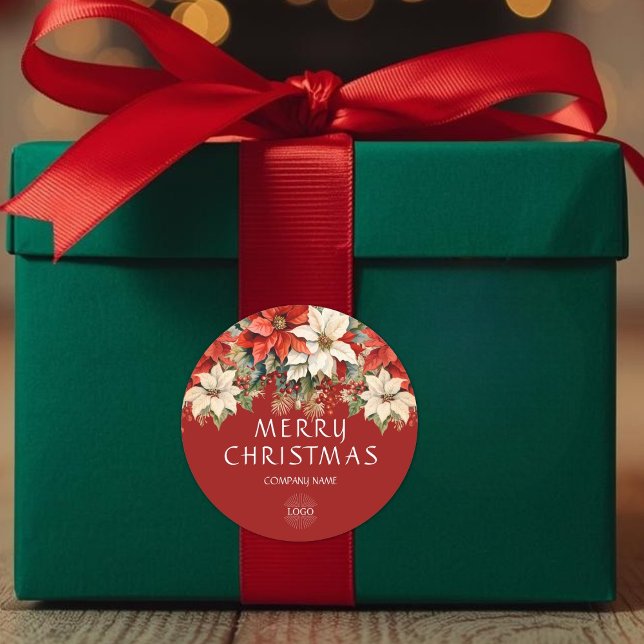 Adesivo Redondo Poinsettias Merry Christmas Corporate Logo  (Poinsettias Merry Christmas Corporate Logo Classic Round Sticker)