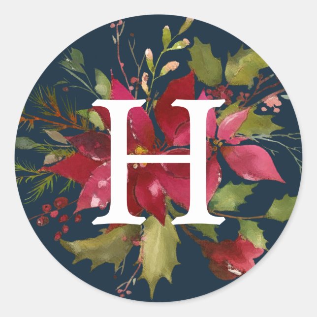 Adesivo Redondo Poinsettias Pintadas | Feriado de Monograma (Frente)