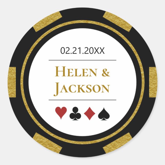 Adesivo Redondo Poker Chip no Dourado Casamento de Las Vegas White (Frente)