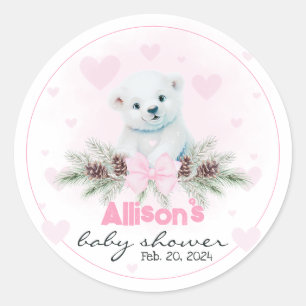 Adesivo Redondo Polar Bear Cub Girl Pink Hearts Chá de fraldas de