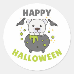 Adesivo Redondo Polar Bear Feliz Halloween Cauldron Bat Classic Ro
