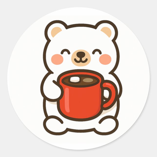 Adesivo Redondo Polar Bear With Coffee – Cute Animal Sticker (Frente)