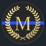 Adesivo Redondo Polícia Dourada de Wreath Magra de Linha Azul Mono<br><div class="desc">Um adesivo de monograma da polícia de folha de ouro falso para suas necessidades criativas.</div>