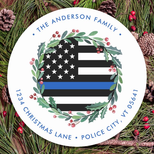 Adesivo Redondo Polícia Natal Blue Flag Wreath Endereço para devol (Criador carregado)