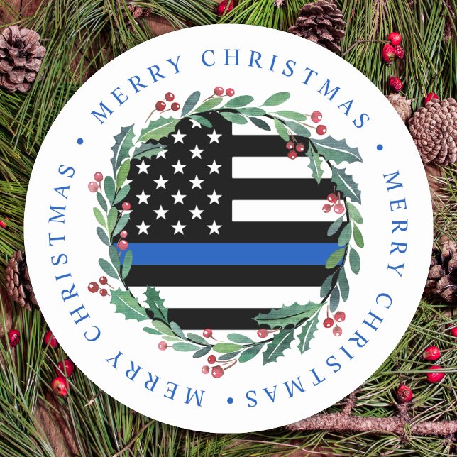 Adesivo Redondo Policial Thin Blue Line Wreath Feliz Natal (Criador carregado)