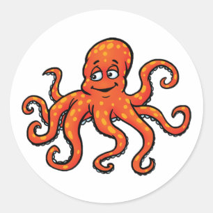 Adesivo Redondo Polvo Cartoon Laranja Oceano Criatura Marinha